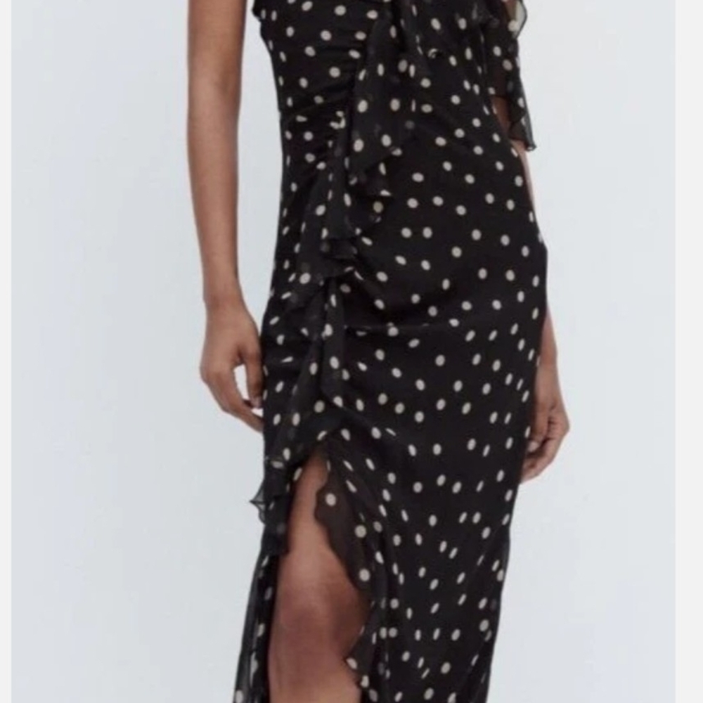 Zara Black and White Polka Dot One Shoulder Dress